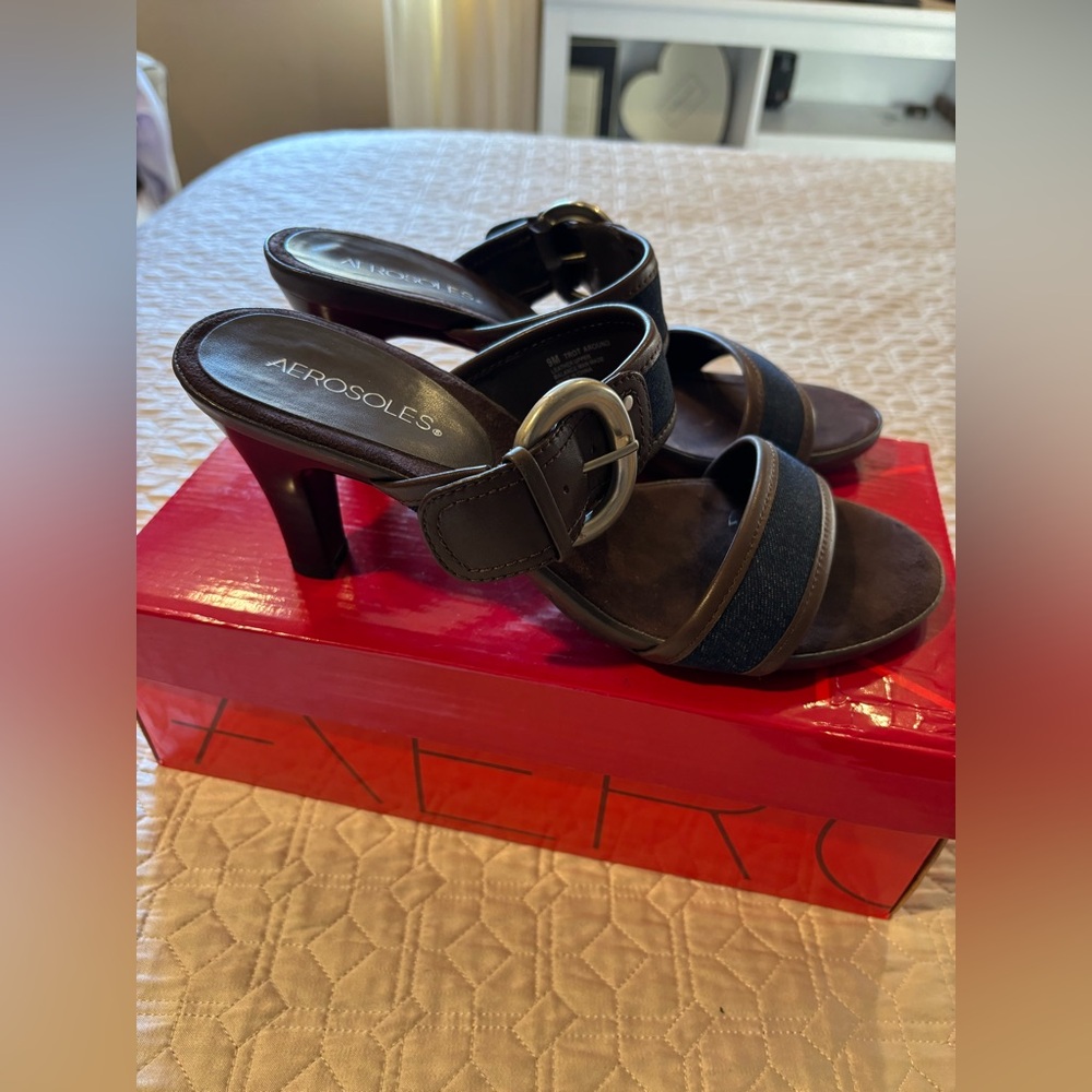 AEROSOLES Brown and Denim Heeled Sandals